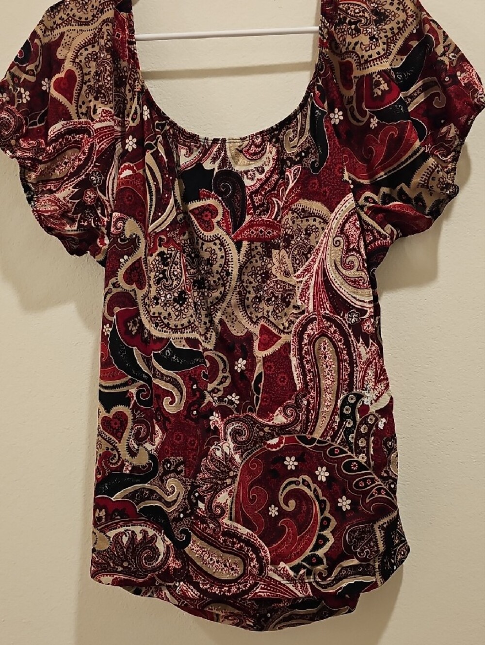 Dress Barn Burgundy Cream Paisley Scoop-Neck Tunic with Black Sash - Picture 3 of 3